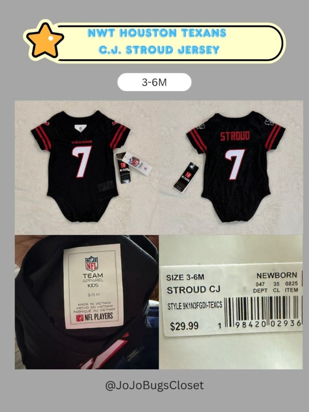 NWT Official NFL Houston Texans C.J. Stroud #7 Bodysuit 3-6M